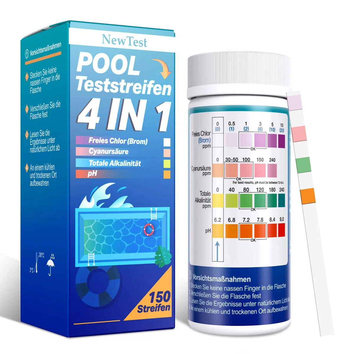 Bandelette Piscine 4-en-1 – Testeur Eau Piscine 150 pièces – Analyse pH, Chlore libre, Alcalinité totale, Brome, Acide cyanurique