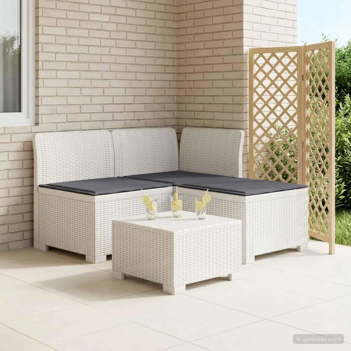 Canapé de Jardin 3 Places Modulable en PP Aspect Rotin Blanc