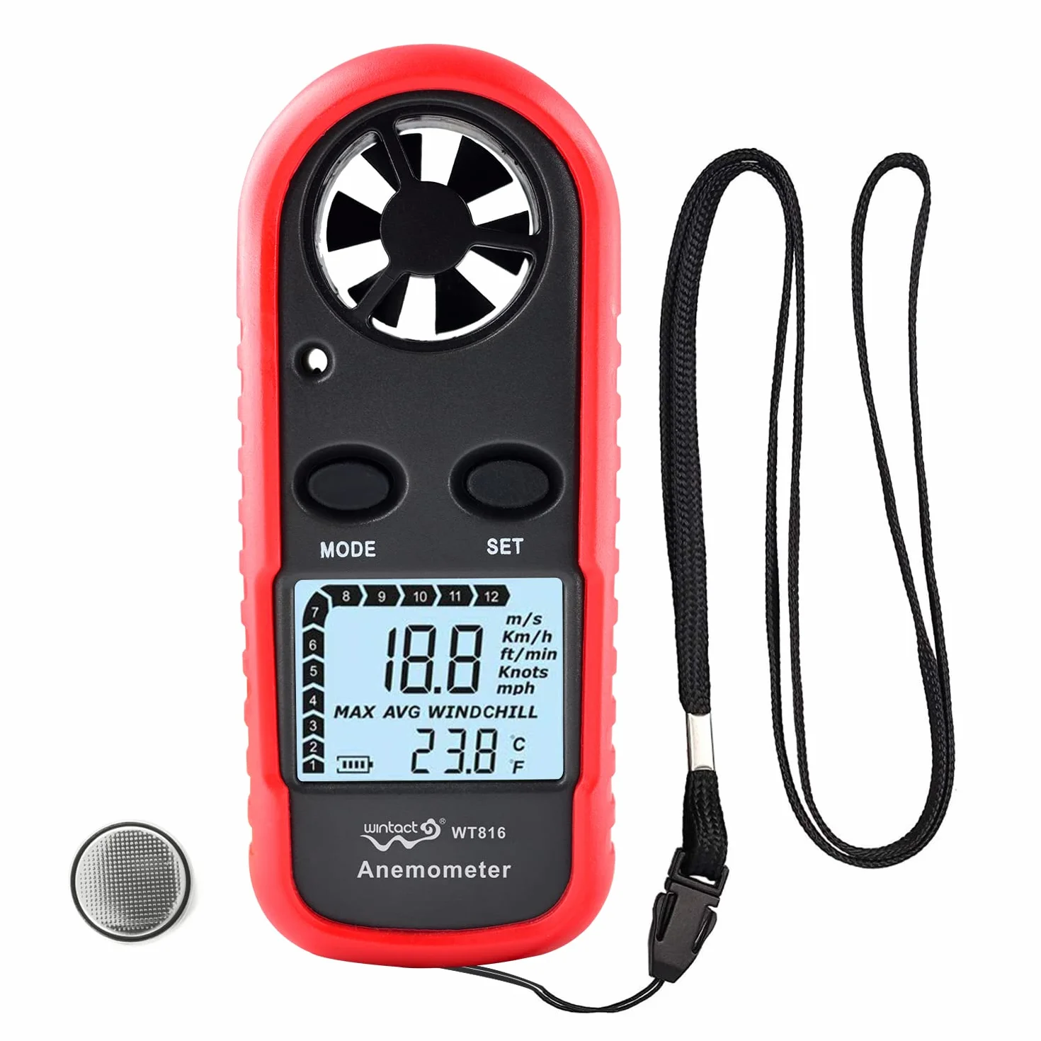 Wintact Jauge de compteur de vitesse du vent portable anémomètre, anémomètre de température de l'air numérique thermomètre de compteur de vitesse du vent vélomètre CVC