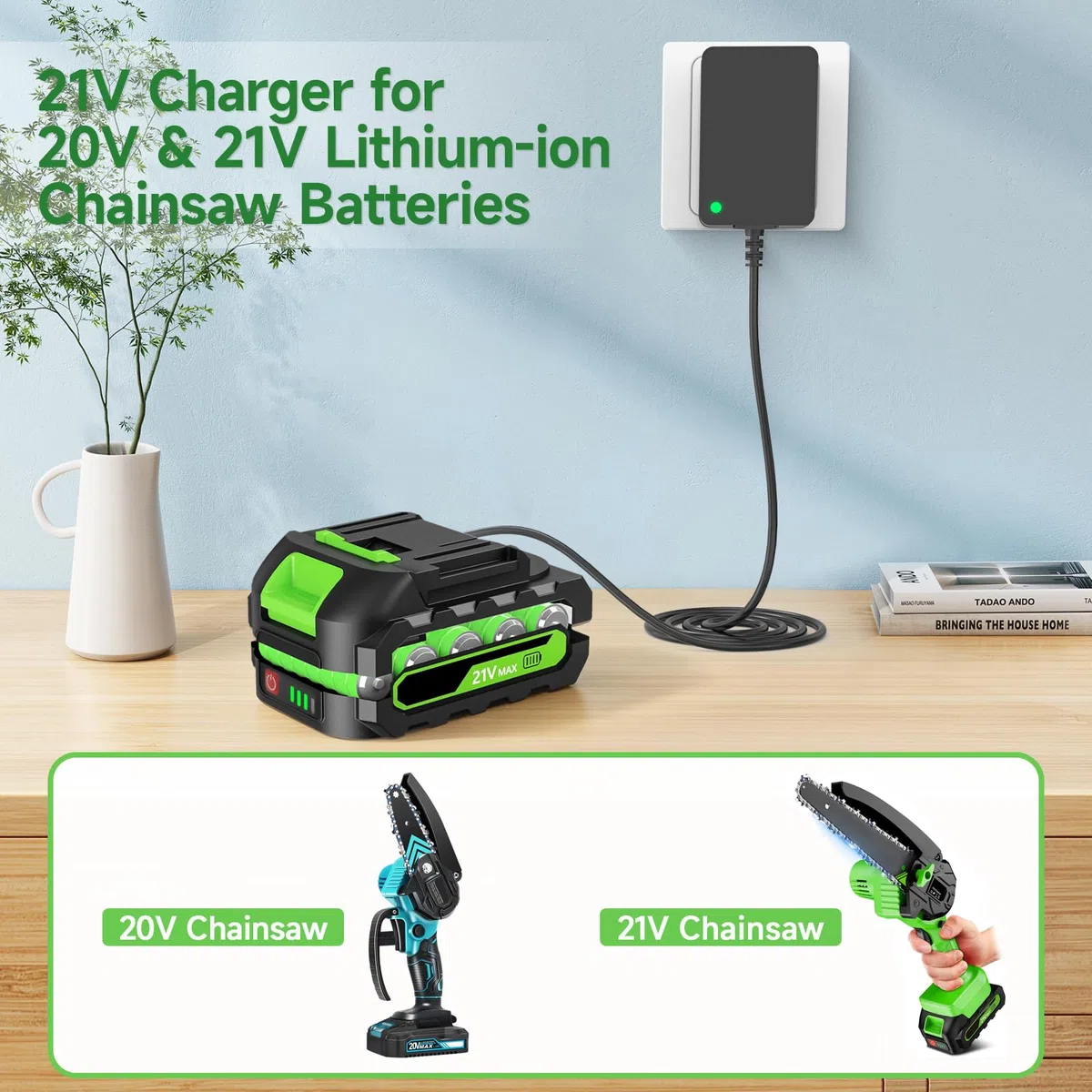 Chargeur de Batterie Mini tronçonneuse 21V 1A pour Outils électriques, Compatible avec Les Batteries Lithium 20V/21V Aker/Saker/Seyvum/O-Conn/Jujubean/DINSHARE/VTEK, avec indicateur LED