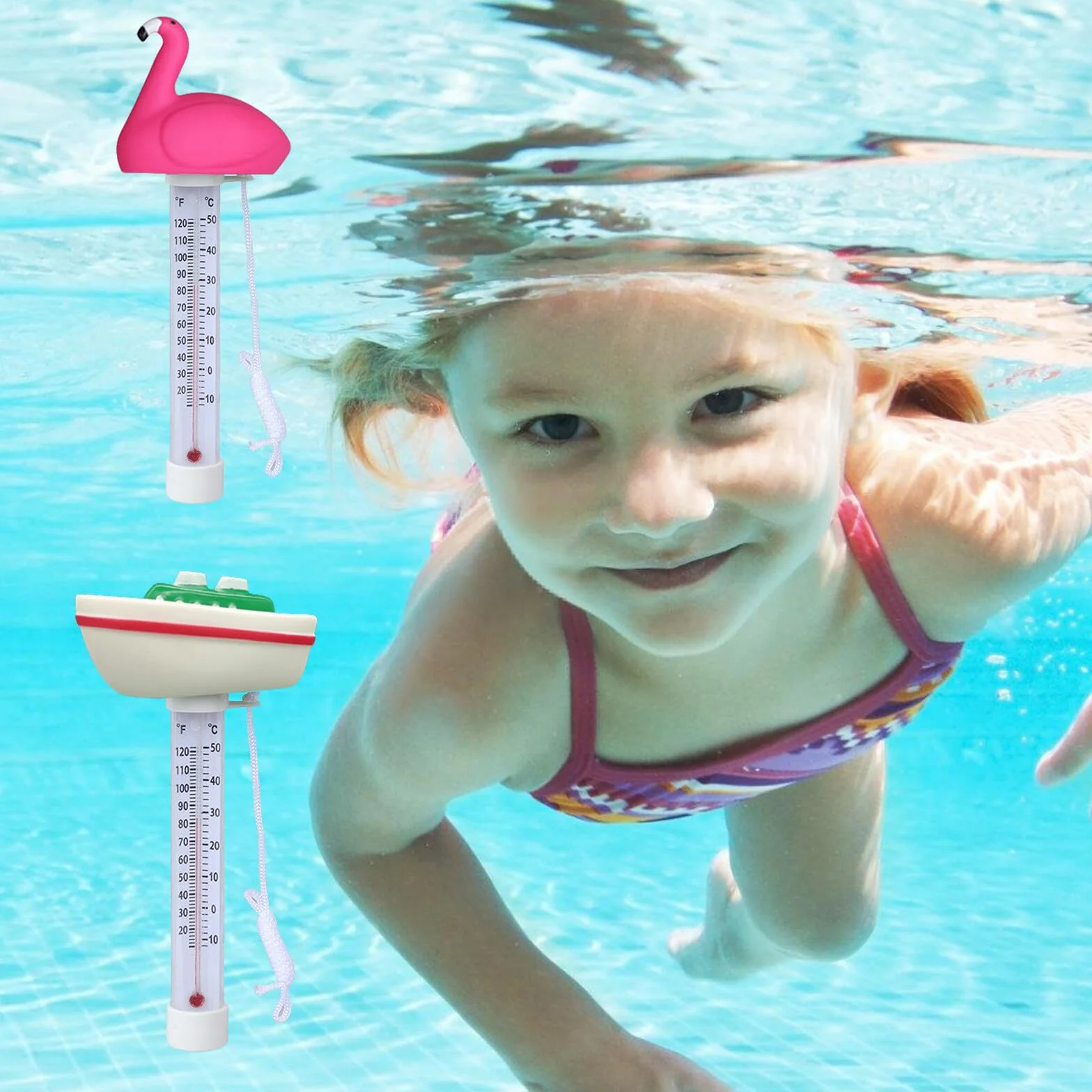 Lot de 2 thermomètres flottants pour piscine, incassables, avec cordon, flottants, pour baignoires, piscines, étangs