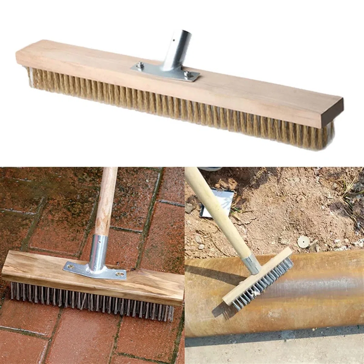 Brosse à balai en acier inoxydable pour le nettoyage en extérieur, brosse de sol à poils courts de qualité industrielle avec long manche pour patio, route et débris rigides, durable et robuste