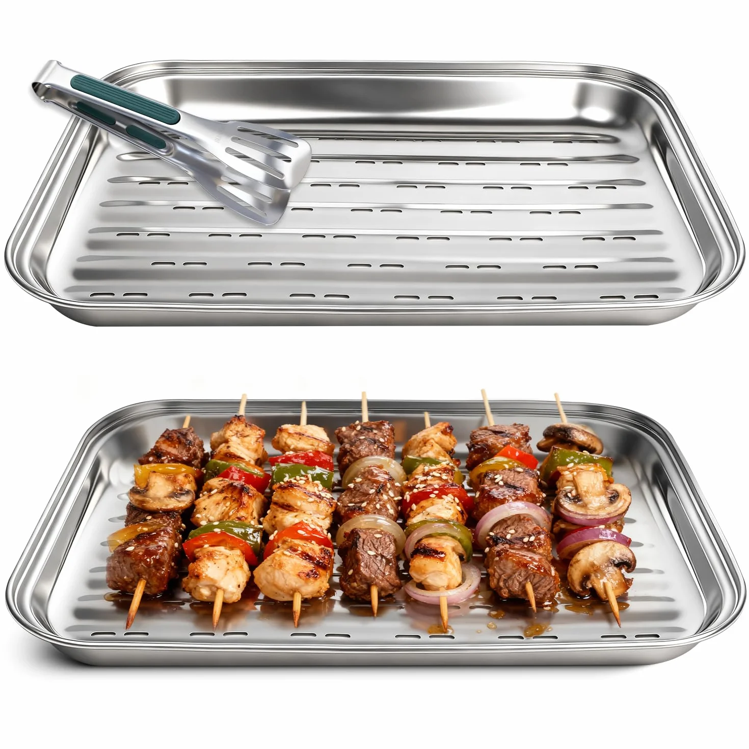 Plat Barbecue 34,9x24,5x2,7cm Plat de Cuisson Barbecue avec Trous 2pcs Réutilisables Plaque Inox pour Barbecue avec 1 Pince à Griller Accessoires Barbecue