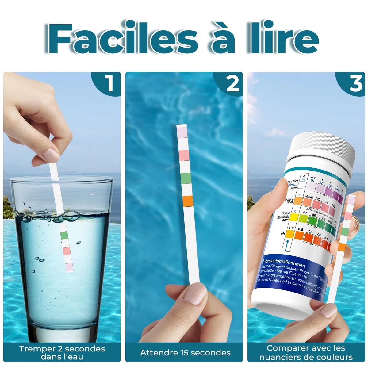 Bandelette Piscine 4-en-1 – Testeur Eau Piscine 150 pièces – Analyse pH, Chlore libre, Alcalinité totale, Brome, Acide cyanurique