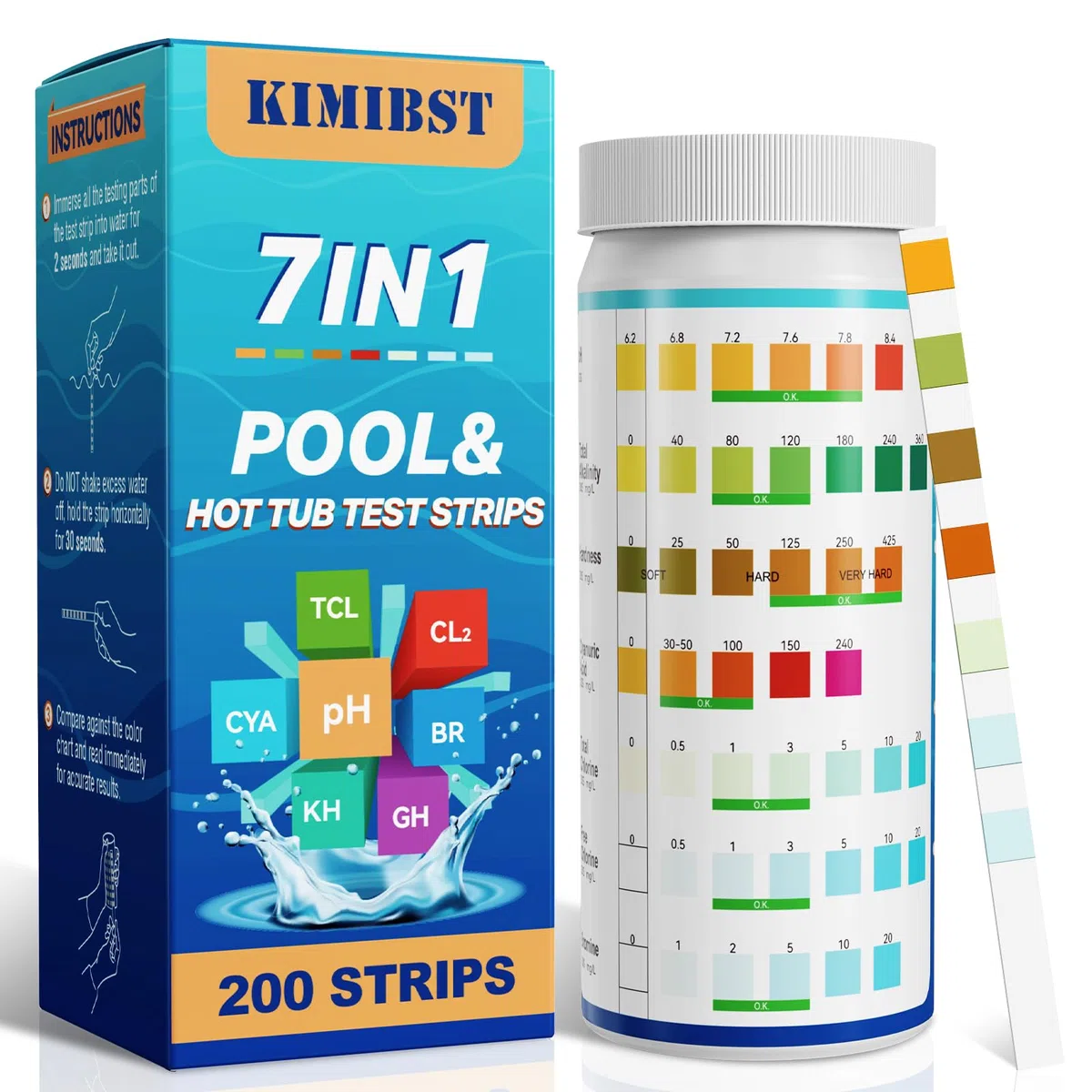 Bandelette Piscine: Testeur professionnel 7 en 1 pour spas 200CT pour mesurer le bromine, le pH, le chlore total, la dureté, l'acide cyanurique et plus encore