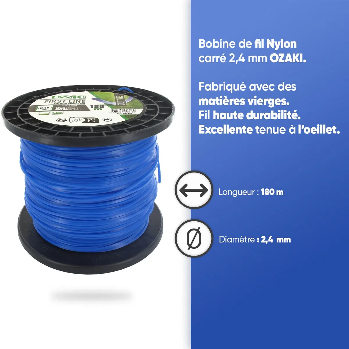 OZAKI - Bobine Fil Nylon Carré - Longueur 180m - Ø 2,40mm - Matières Vierges - Haute Durabilité - Excellente Tenue À L'Œillet
