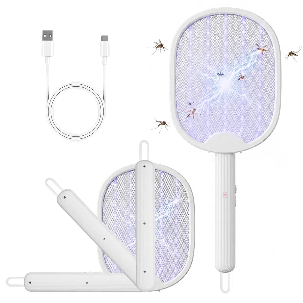 Raquette Electrique Insectes, 4000V Raquette Anti Moustiques Rechargeable par USB, Tapette à Mouches Pliable, Forte Puissance pour Éliminer Moustiques, Mouches, Mites, pour Maison, Cuisine & Jardin