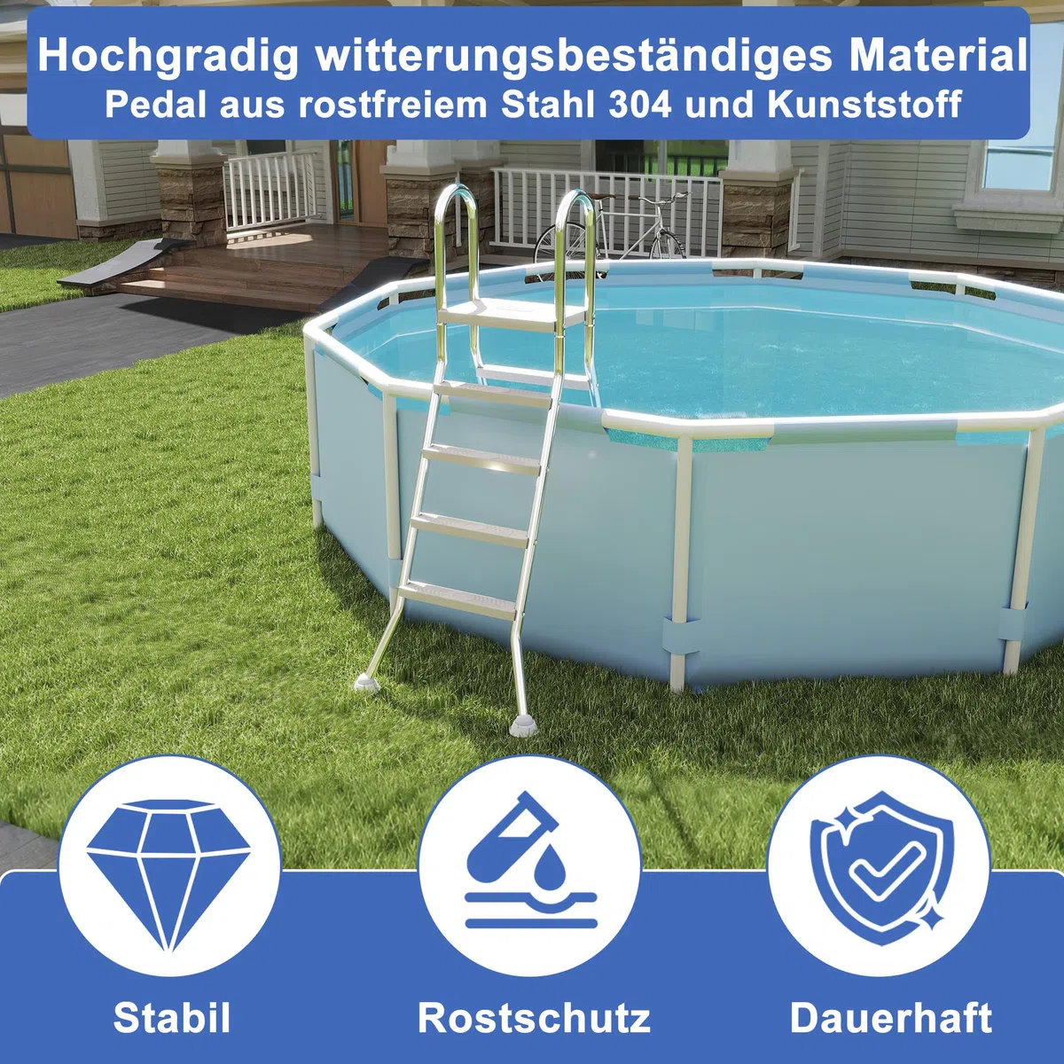 LILIIN Échelle de piscine en acier inoxydable à 3 marches avec main courante, échelle d'entrée avec tapis antidérapant, échelle encastrable pour piscine, charge jusqu'à 150 kg, type C