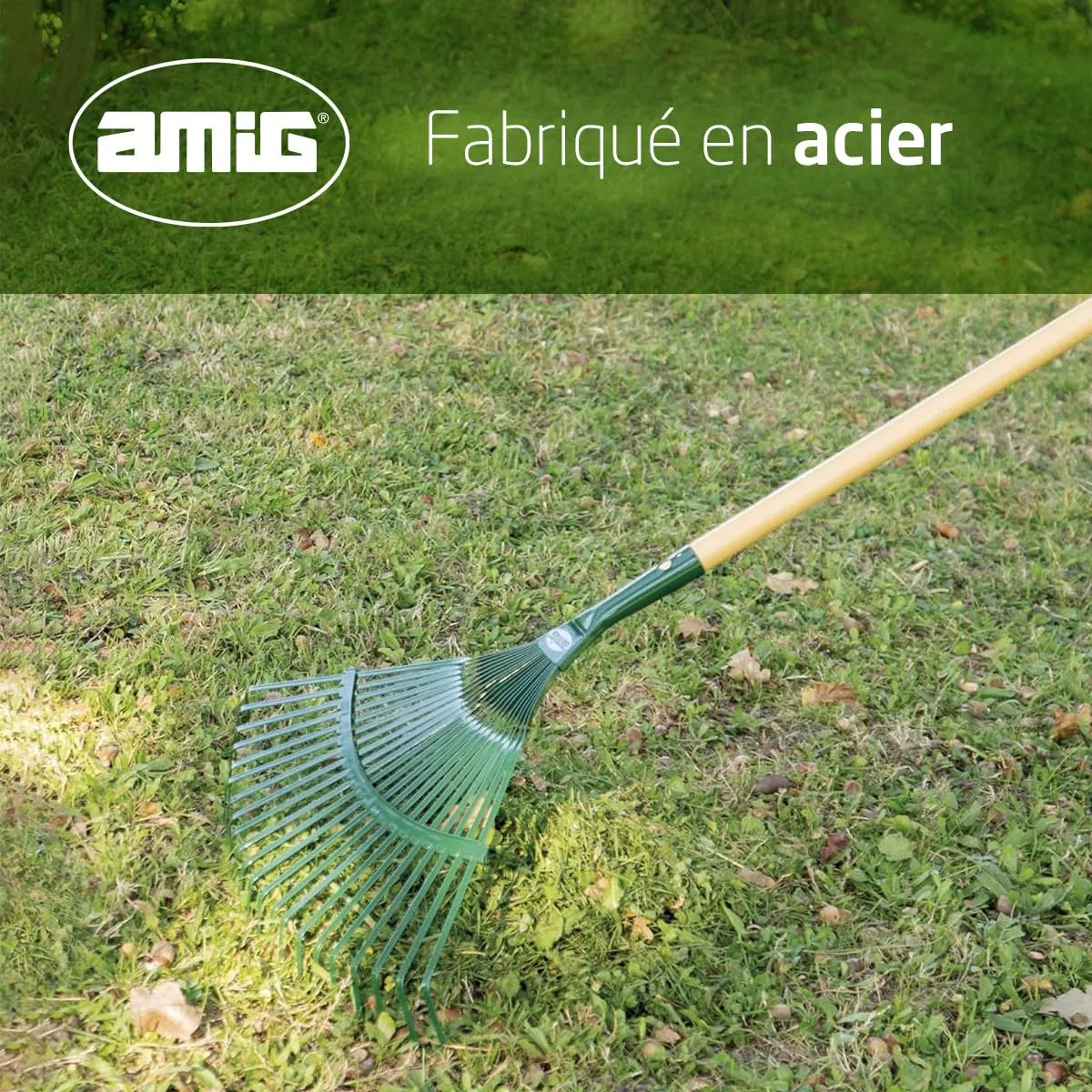 Amig - Râteau de Jardin - 22 Dents Plates - Acier métal résistant - Lattes Fixes pour Feuilles et Gazon - 400 mm - Vert - Manche Non Inclus
