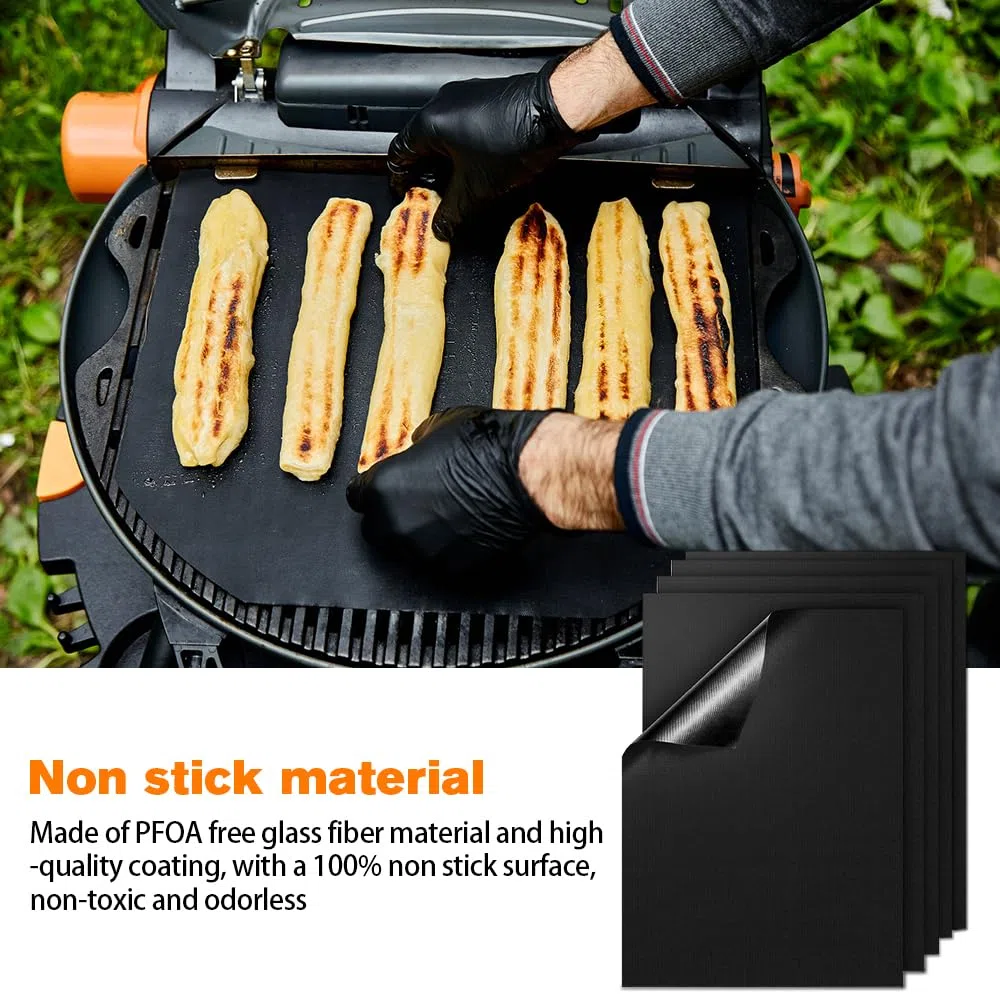 Tapis de Cuisson Barbecue, 5 Pièces 60x40 cm Tapis Barbecue Set, Papier BBQ Réutilisable avec Brosse, Non Stick Four en Téflon Tapis de Cuisson, Nettoyage Facile et Anti-adhérent, Sans PFOA