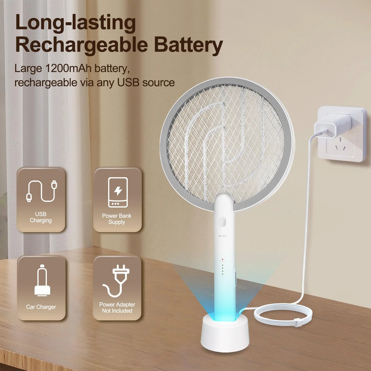 Tapette à mouches électrique 2 en 1 Raquette anti-insectes et piège à moustiques, rechargeable par USB avec batterie de 1200 mAh pour intérieur et extérieur, maison, jardin, terrasse, camping