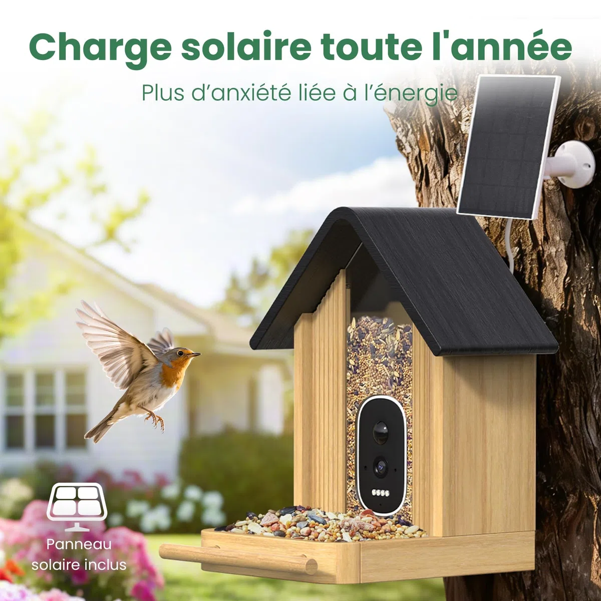 Mangeoire Oiseaux Caméra, Bambou Panneau Solaire | UHD 2,5K Identification IA, Vidéos Photos Temps Réel, sans Fil Extérieur, Déco Jardin pour Amateurs Ornithologie