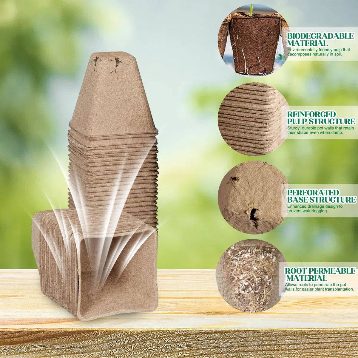 Kit de Semis Biodégradable – 10 Plateaux à Semis sans Trou + 40 Pots de Semis avec Trous de Drainage – Pulpe de Papier Compostable Écologique pour Graines, Légumes et Fleurs