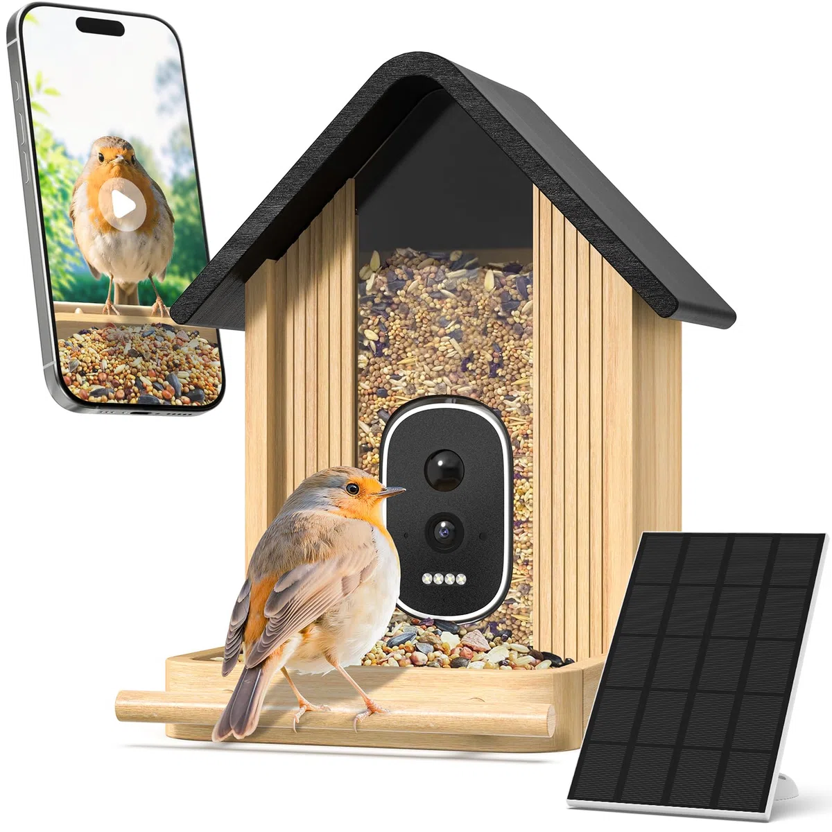 Mangeoire Oiseaux Caméra, Bambou Panneau Solaire | UHD 2,5K Identification IA, Vidéos Photos Temps Réel, sans Fil Extérieur, Déco Jardin pour Amateurs Ornithologie