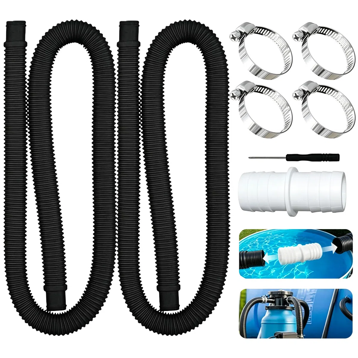 Idota 2Pcs Tuyau Piscine 32mm pour piscines de jardin avec 4 colliers de serrage, 1 raccord et un tournevis, 150cm Tuyau de remplacement pour le nettoyage et la filtration des piscines (black)
