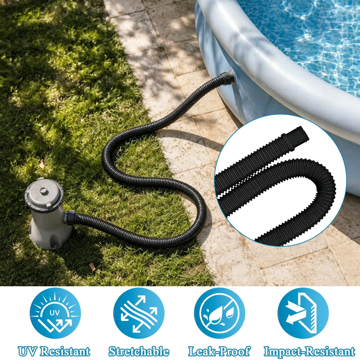 Idota 2Pcs Tuyau Piscine 32mm pour piscines de jardin avec 4 colliers de serrage, 1 raccord et un tournevis, 150cm Tuyau de remplacement pour le nettoyage et la filtration des piscines (black)