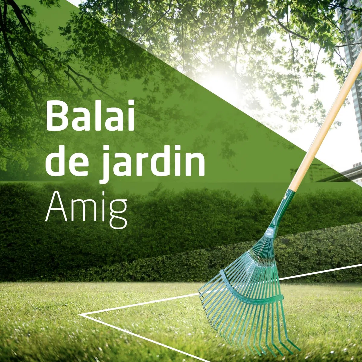 Amig - Râteau de Jardin - 22 Dents Plates - Acier métal résistant - Lattes Fixes pour Feuilles et Gazon - 400 mm - Vert - Manche Non Inclus