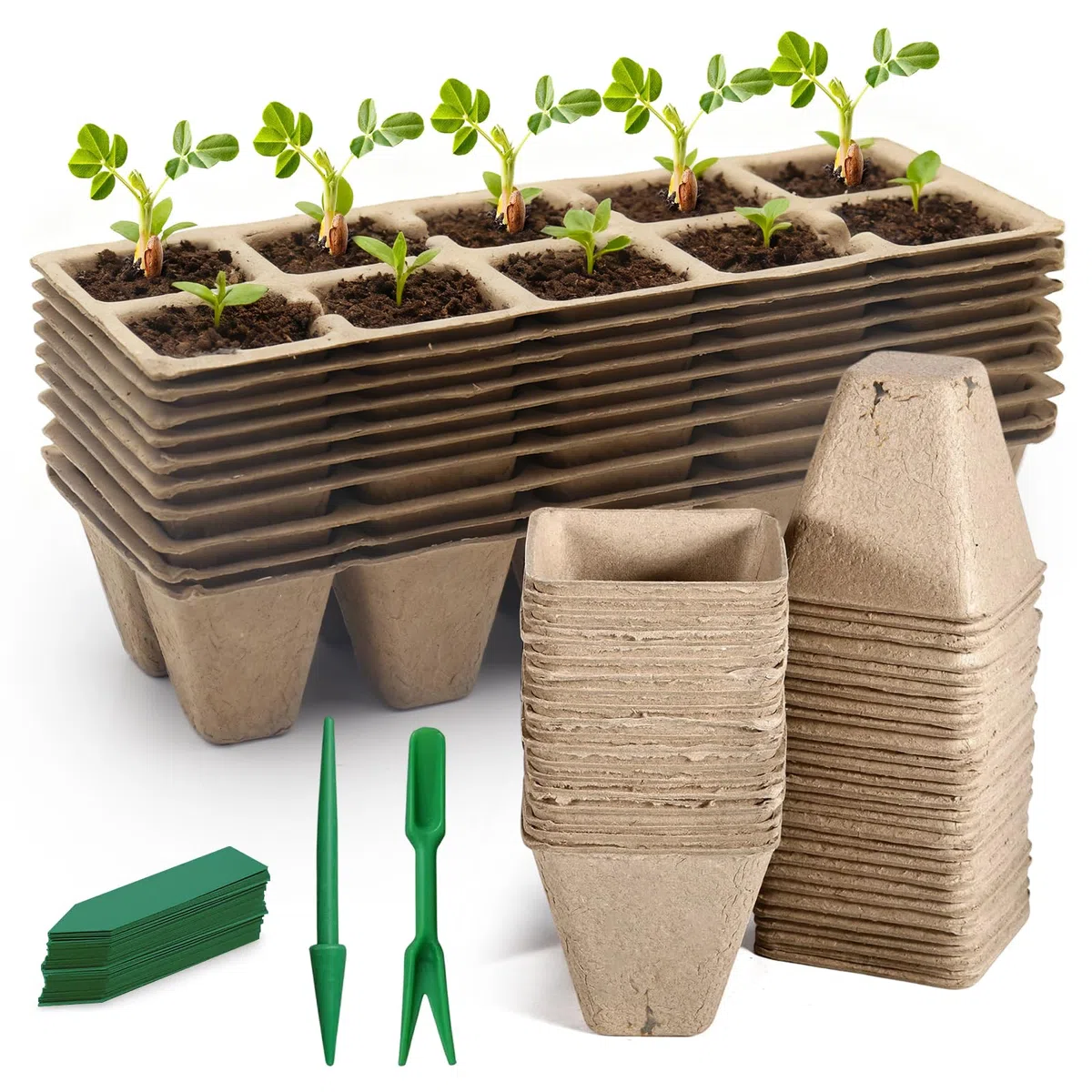 Kit de Semis Biodégradable – 10 Plateaux à Semis sans Trou + 40 Pots de Semis avec Trous de Drainage – Pulpe de Papier Compostable Écologique pour Graines, Légumes et Fleurs