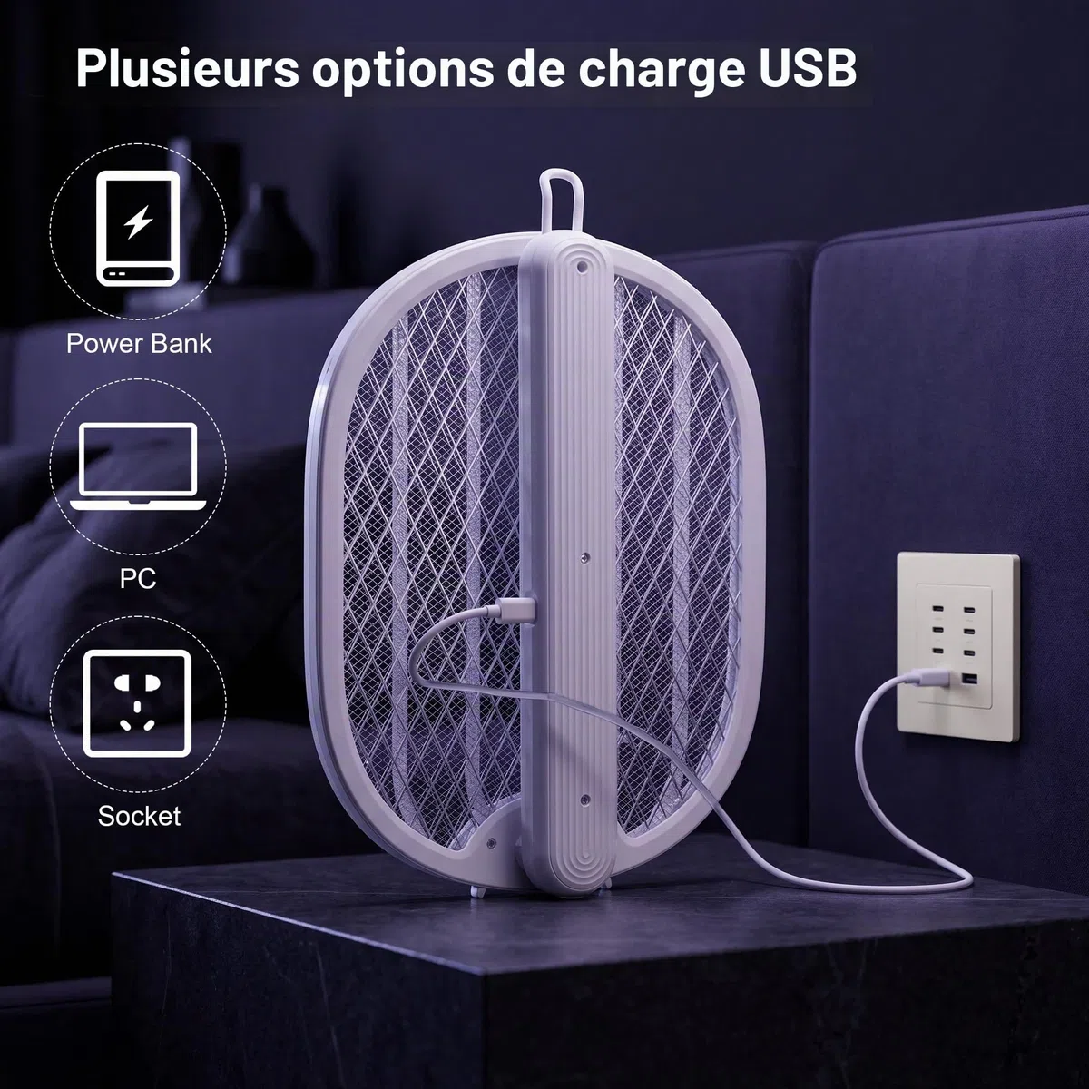 Raquette Electrique Insectes, 4000V Raquette Anti Moustiques Rechargeable par USB, Tapette à Mouches Pliable, Forte Puissance pour Éliminer Moustiques, Mouches, Mites, pour Maison, Cuisine & Jardin