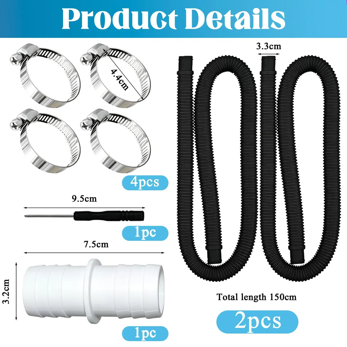 Idota 2Pcs Tuyau Piscine 32mm pour piscines de jardin avec 4 colliers de serrage, 1 raccord et un tournevis, 150cm Tuyau de remplacement pour le nettoyage et la filtration des piscines (black)