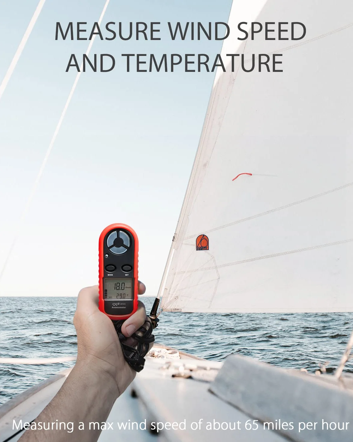 Wintact Jauge de compteur de vitesse du vent portable anémomètre, anémomètre de température de l'air numérique thermomètre de compteur de vitesse du vent vélomètre CVC