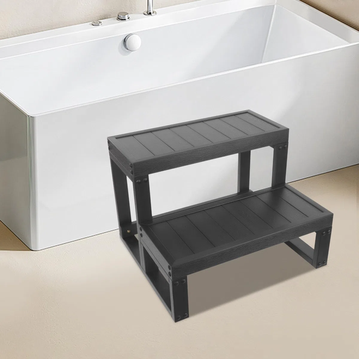 Marche de Spa à 2 marches - 60 x 54 x 42 cm - Universelle - Aspect Bois - Marches en Plastique - Antidérapantes - Étanche - pour l'extérieur et l'extérieur