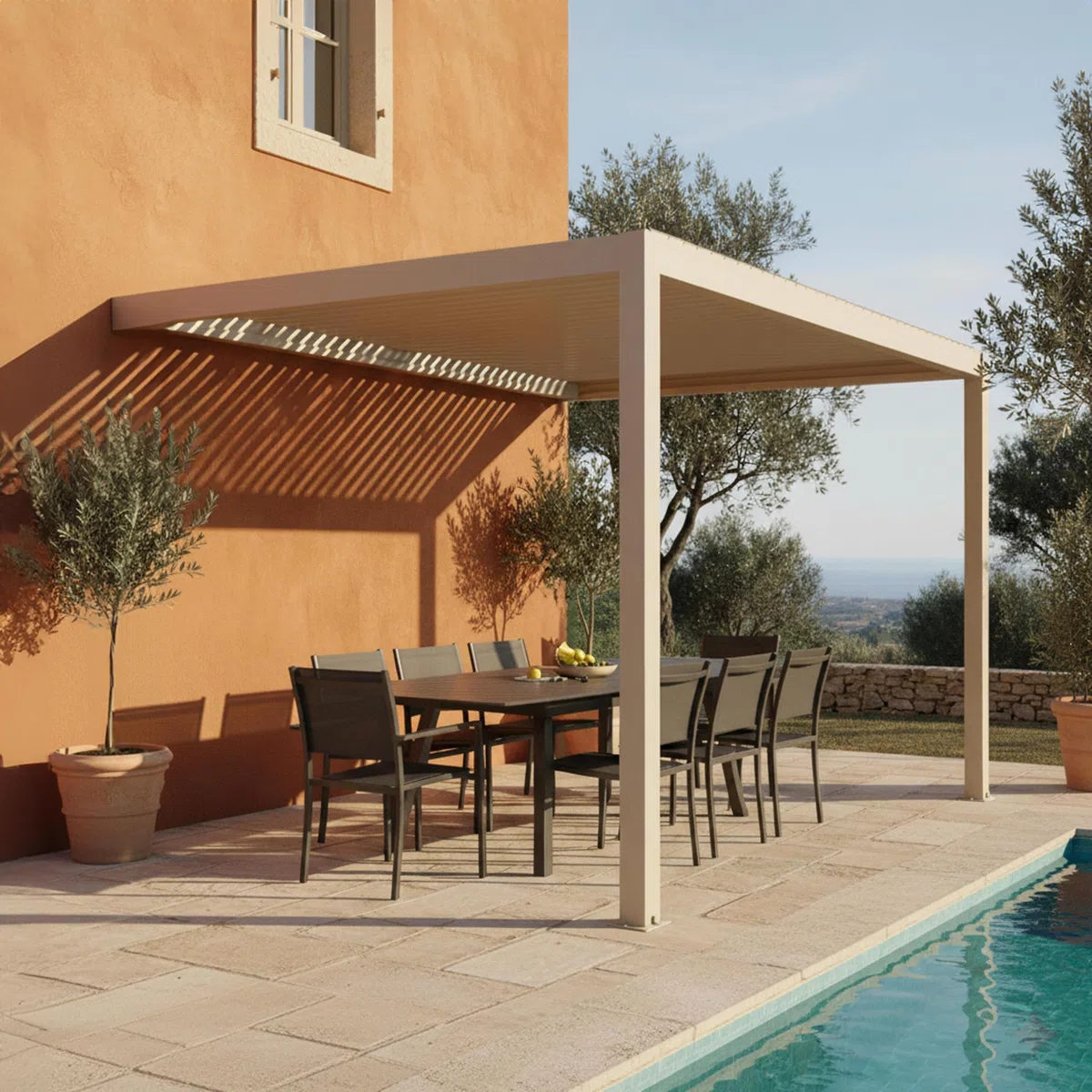 Oviala Pergola bioclimatique adossée 3x4m en Aluminium Bois crème