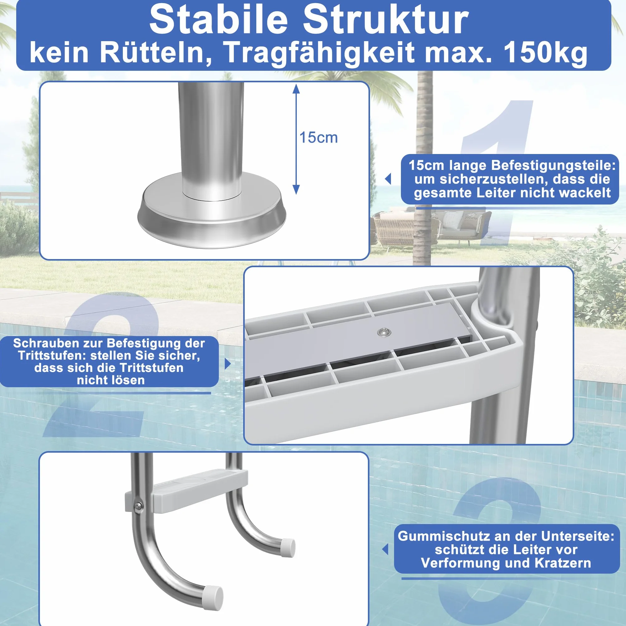 YRHome Échelle de piscine à 3 marches - En acier inoxydable 304 - Antidérapant - ABS - Charge maximale : 150 kg - Pour piscine de jardin - Convient pour piscine encastrée jusqu'à 130 cm de profondeur