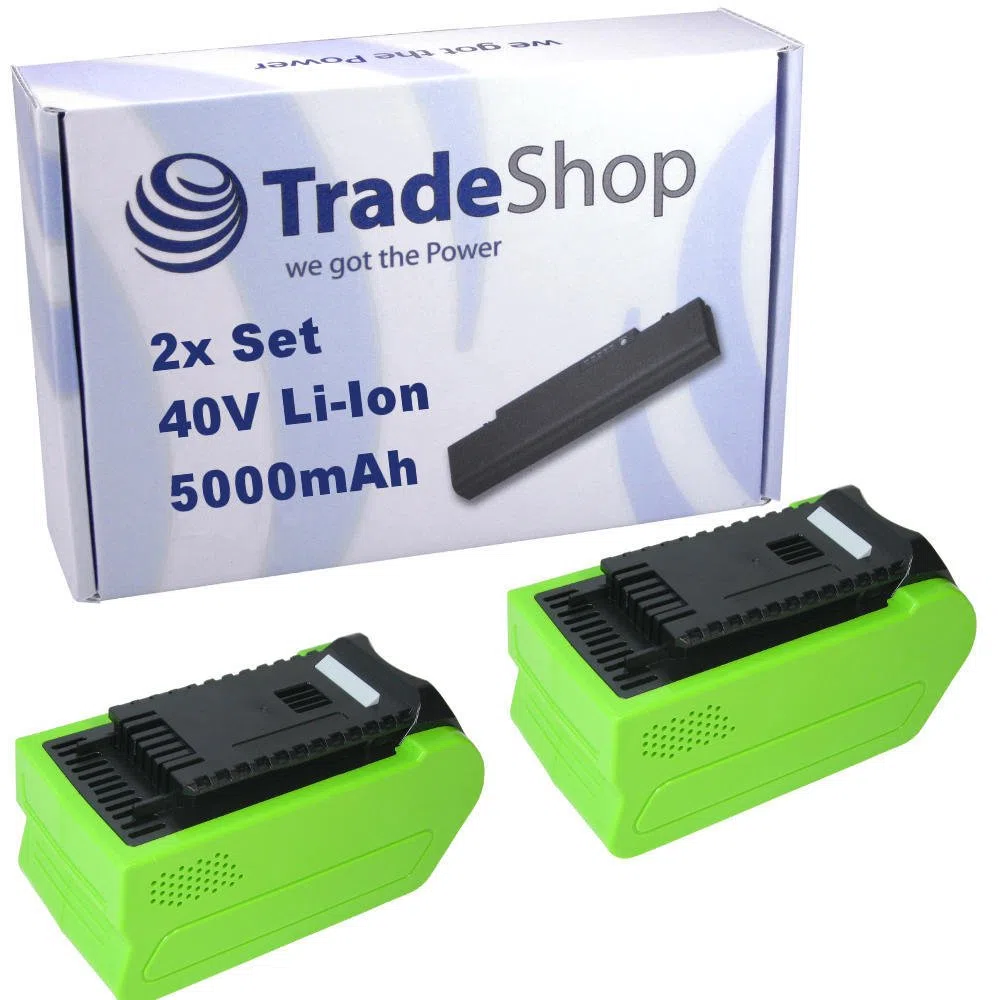 Trade-Shop Lot de 2 batteries Li-Ion 40 V / 5000 mAh pour Greenworks Cramer PowerWorks Allett Tronçonneuse Débroussailleuse Tondeuse à gazon, Souffleur, Taille-haie, élagueuse