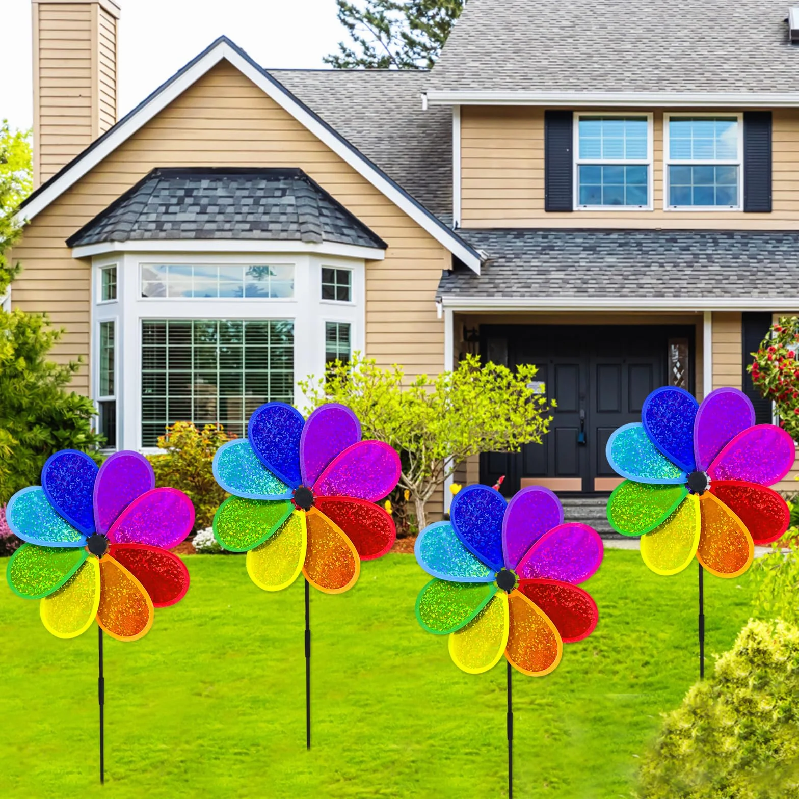 4 Pièces Éolienne de Jardin Fleur Roue Arc-en-ciel 30 cm Éolienne Étincelante Spinner pour Pelouse Éolienne de Cour Jardin Terrasse Balcon Piquet de Jardin Déco