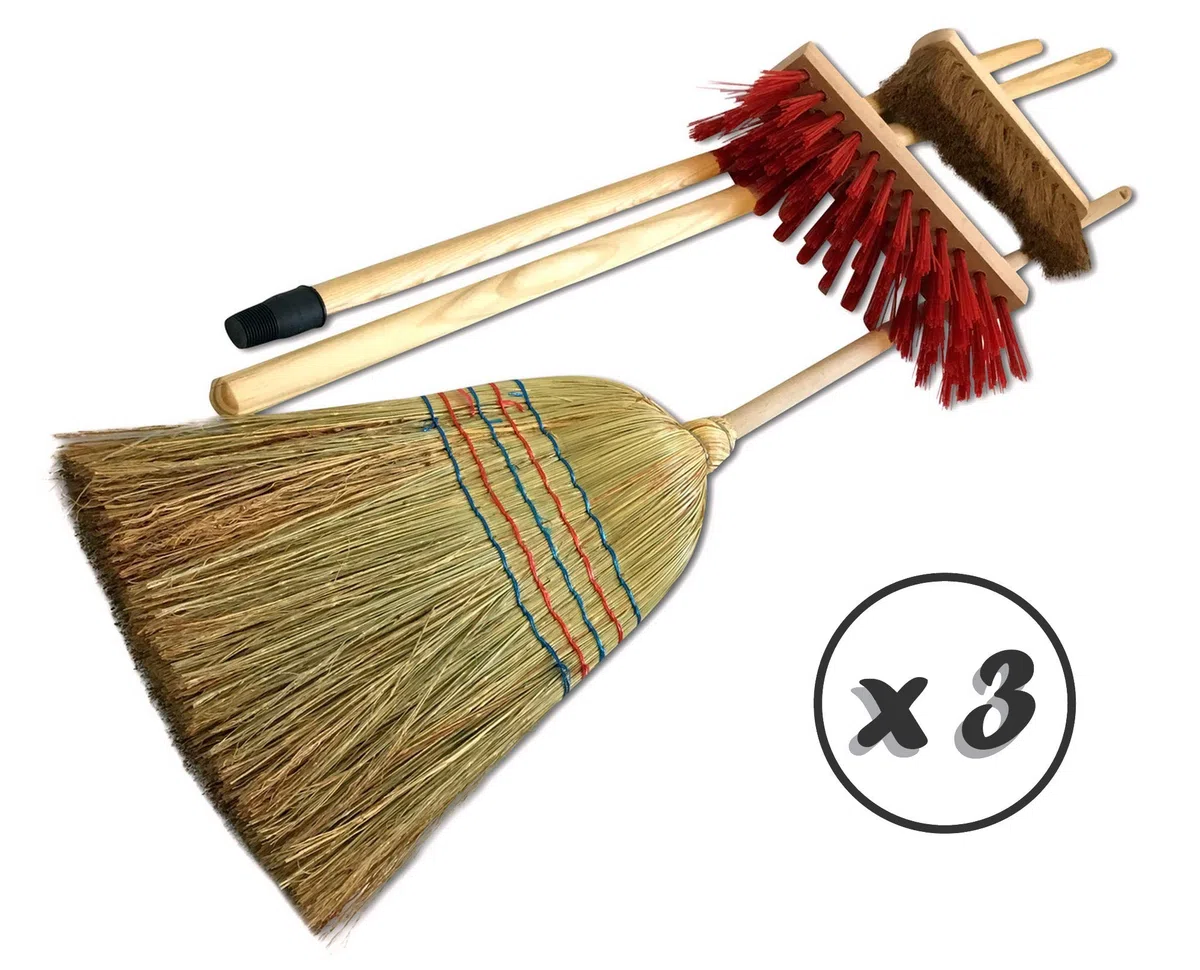 Kibros Lot 3 Ensembles 3 balais extérieur cantonnier PVC Coco Paille Riz