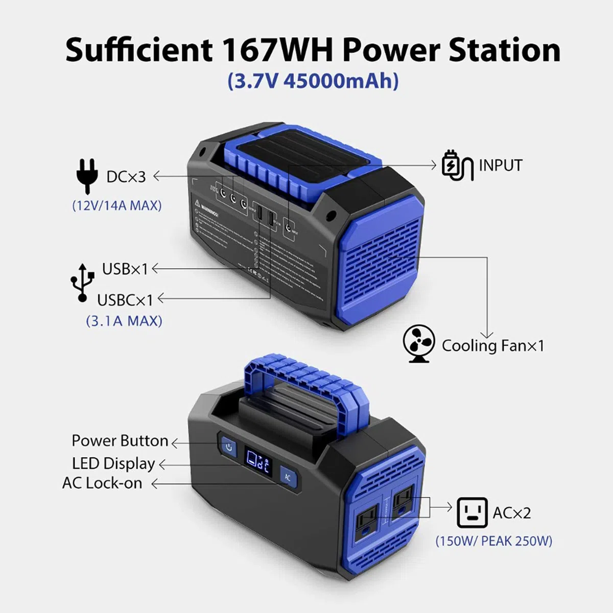 TIM-LI Centrale Électrique Portable 150W, Générateurs 45000Mah, Alimentation par Batterie Au Lithium avec Prise Secteur, Ports CC, Ports USB, Moniteur LED, pour Urgence À L'extérieur