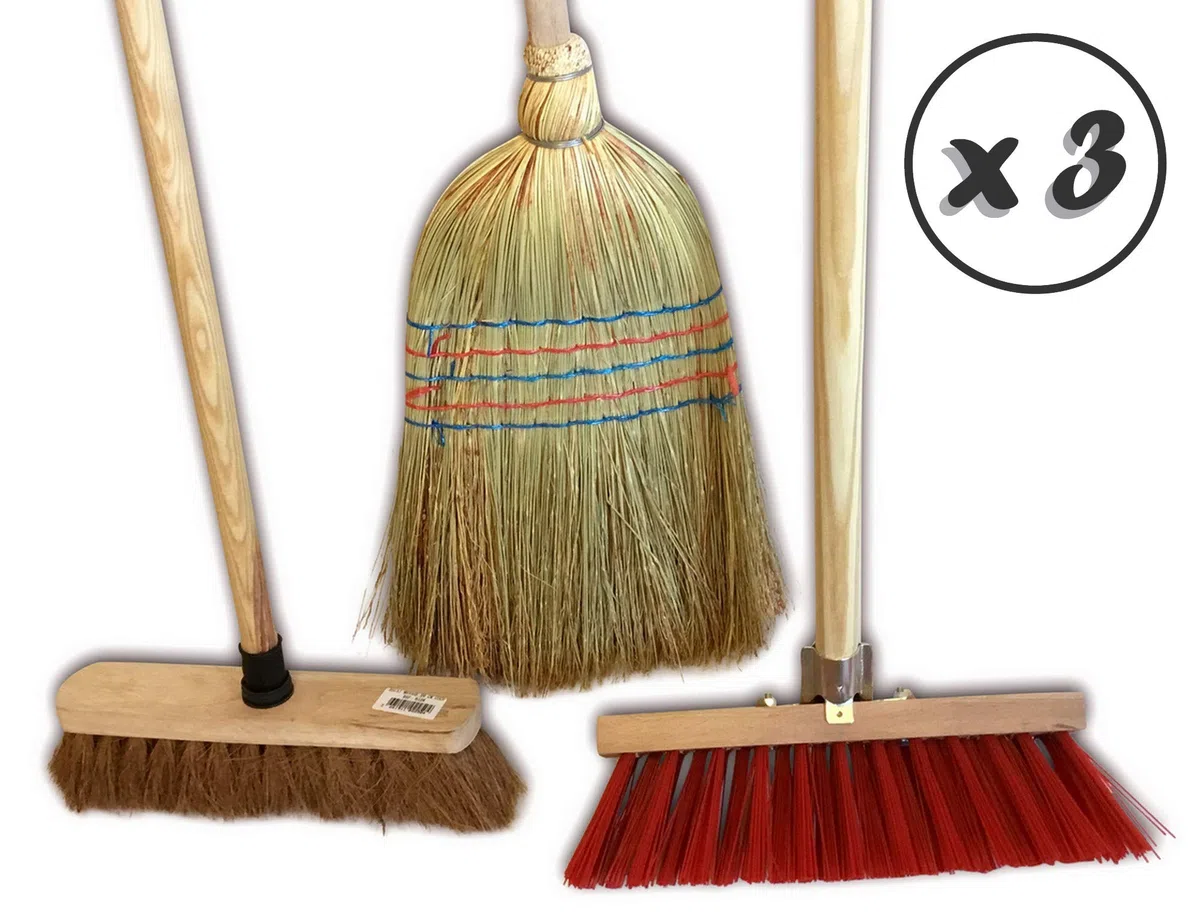 Kibros Lot 3 Ensembles 3 balais extérieur cantonnier PVC Coco Paille Riz