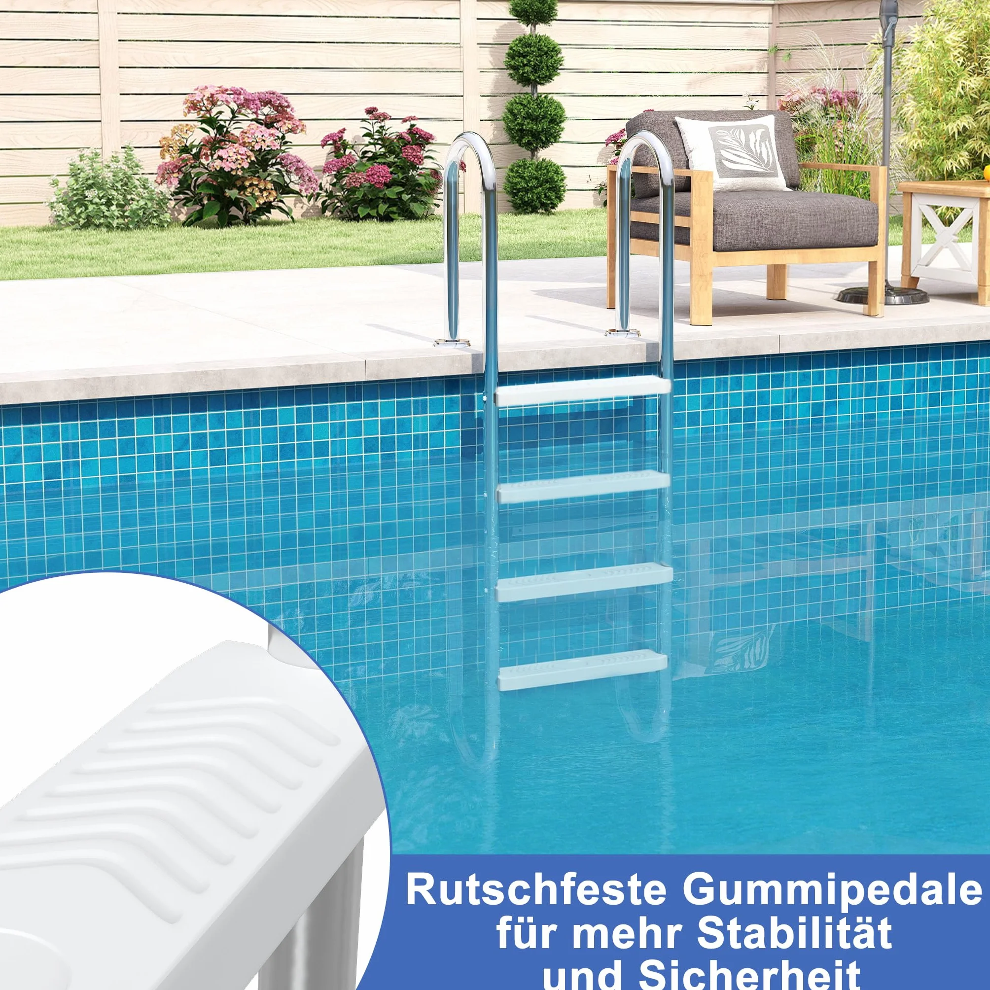 YRHome Échelle de piscine à 3 marches - En acier inoxydable 304 - Antidérapant - ABS - Charge maximale : 150 kg - Pour piscine de jardin - Convient pour piscine encastrée jusqu'à 130 cm de profondeur