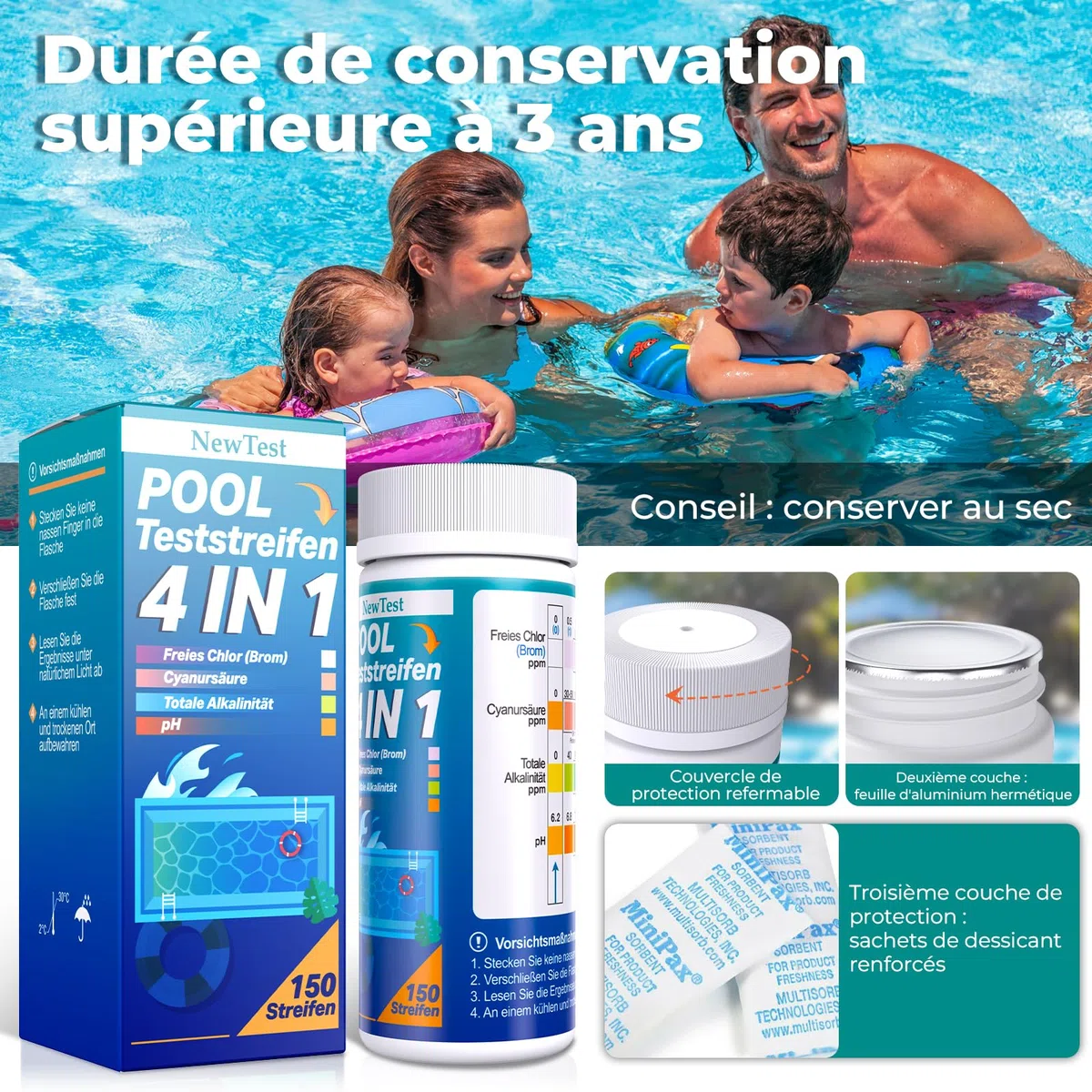 Bandelette Piscine 4-en-1 – Testeur Eau Piscine 150 pièces – Analyse pH, Chlore libre, Alcalinité totale, Brome, Acide cyanurique