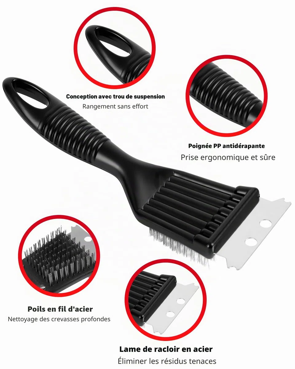 Kit de Nettoyage Barbecue - 3 Brosses en Acier Inoxydable et Grattoir pour Gril - Set d'Outils de Nettoyage pour Barbecue à Gaz, Charbon et Électrique - Nettoyant Grille de Cuisson