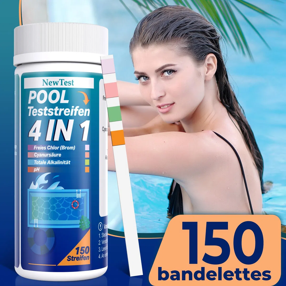 Bandelette Piscine 4-en-1 – Testeur Eau Piscine 150 pièces – Analyse pH, Chlore libre, Alcalinité totale, Brome, Acide cyanurique