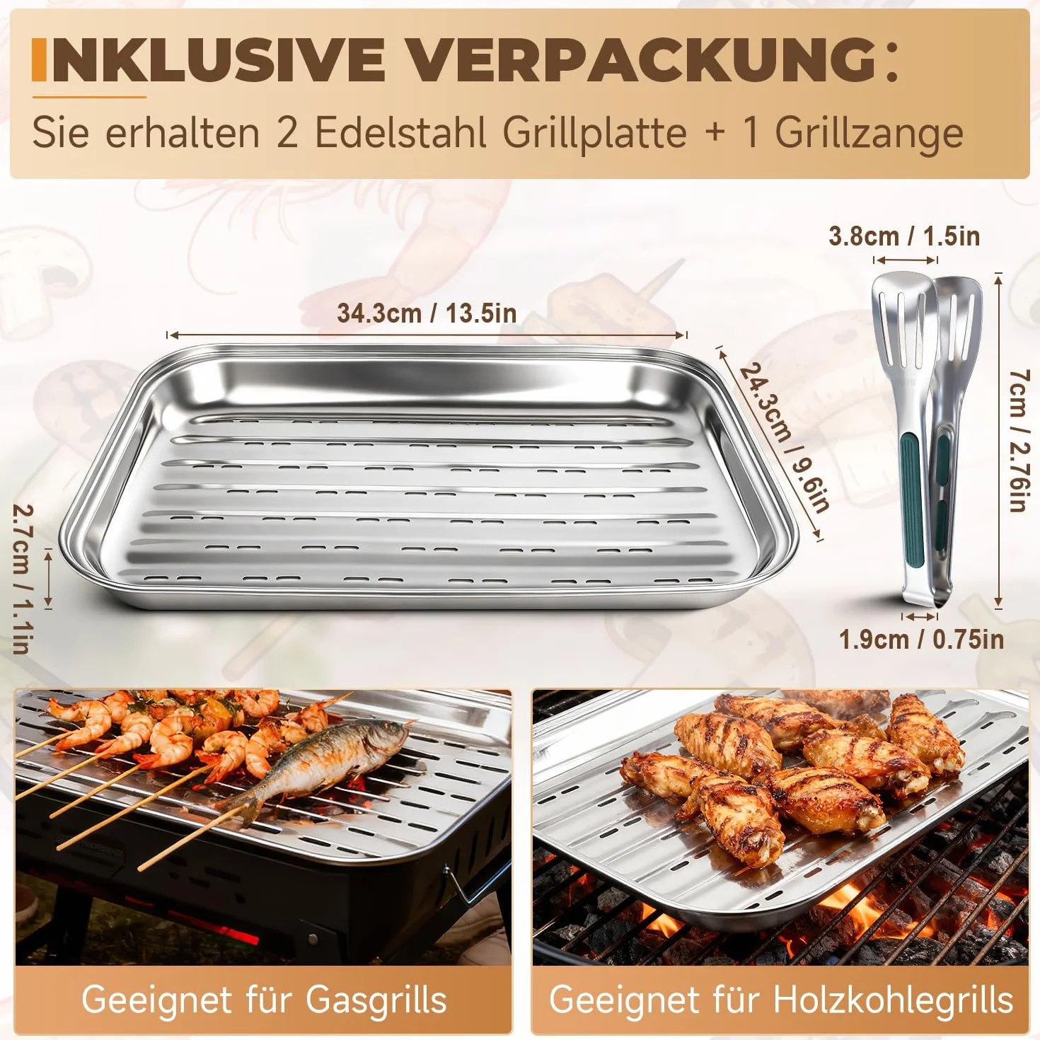 Plat Barbecue 34,9x24,5x2,7cm Plat de Cuisson Barbecue avec Trous 2pcs Réutilisables Plaque Inox pour Barbecue avec 1 Pince à Griller Accessoires Barbecue